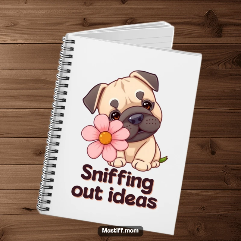 Funny kawaii Mastiff notebook cover with a dog curiously sniffing a comically enormous flower, perfect for jotting down ideas.