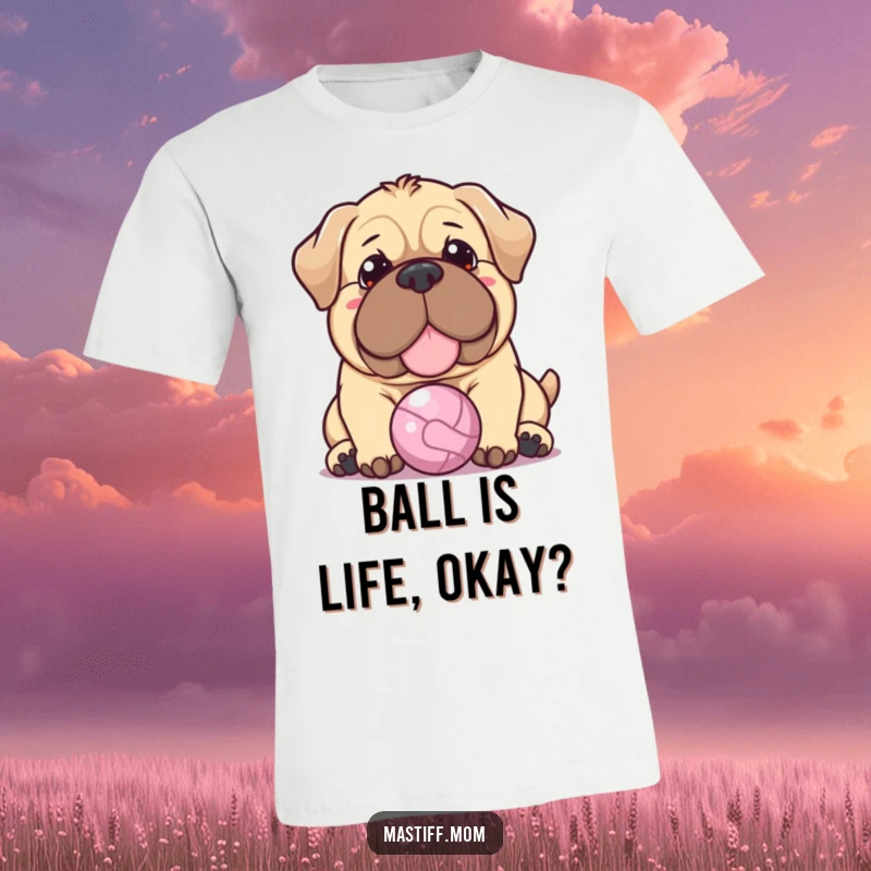 Funny Kawaii Mastiff t-shirt featuring a dog with a warm expression, gently nudging a tiny ball with its nose, radiating sweetness.