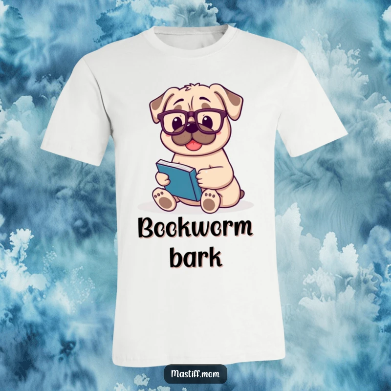 Funny Mastiff t-shirt of a happy dog sitting contently, wearing reading glasses and holding an open book.