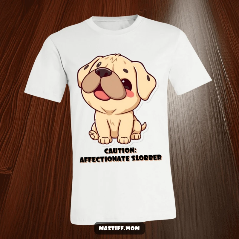 Funny Mastiff T-Shirt showing a smiling Kawaii dog giving a big, wet lick; a hilarious choice for dog enthusiasts.