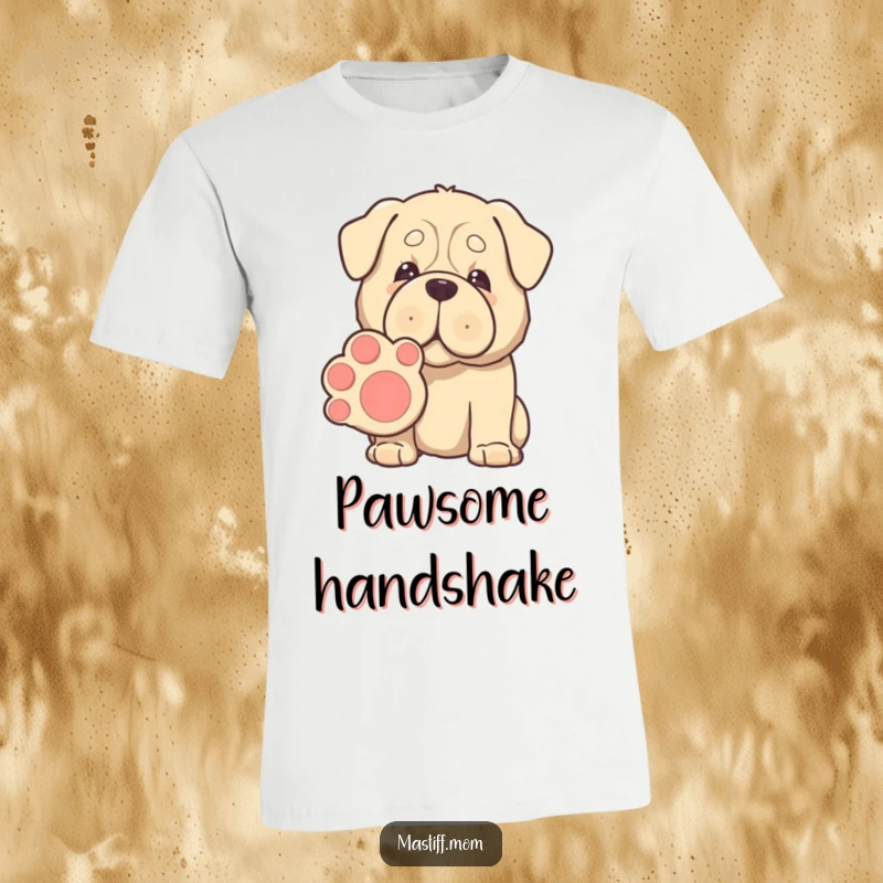 Funny Kawaii Mastiff t-shirt, gentle eyes, offering a giant paw for shaking, embodying heartwarming canine friendship and humor.