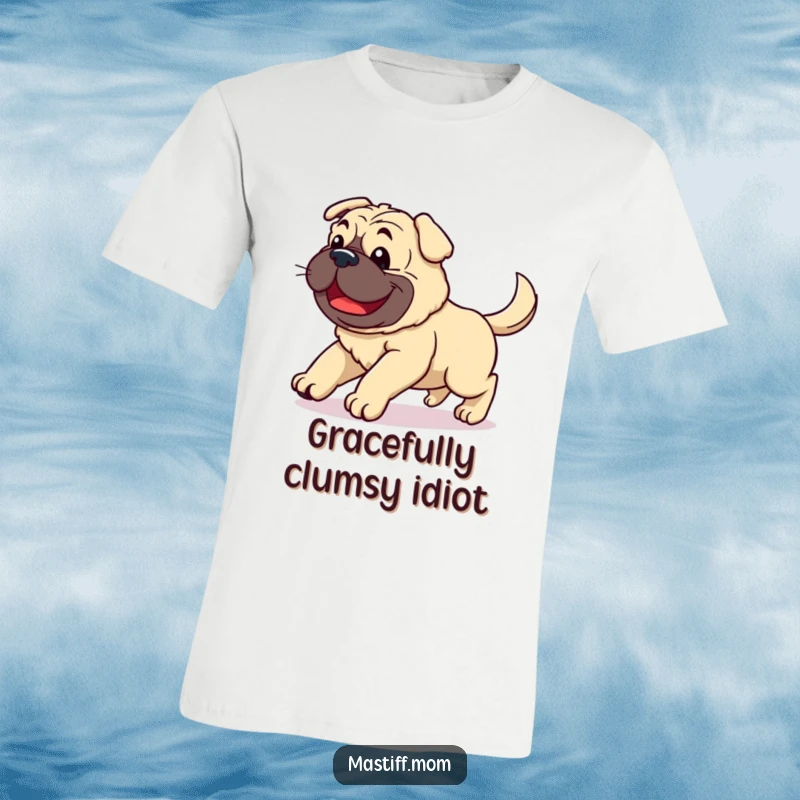 Funny Kawaii Mastiff t-shirt depicting a happy, clumsy dog stumbling forward with an exuberantly wagging tail, full of joyful energy.