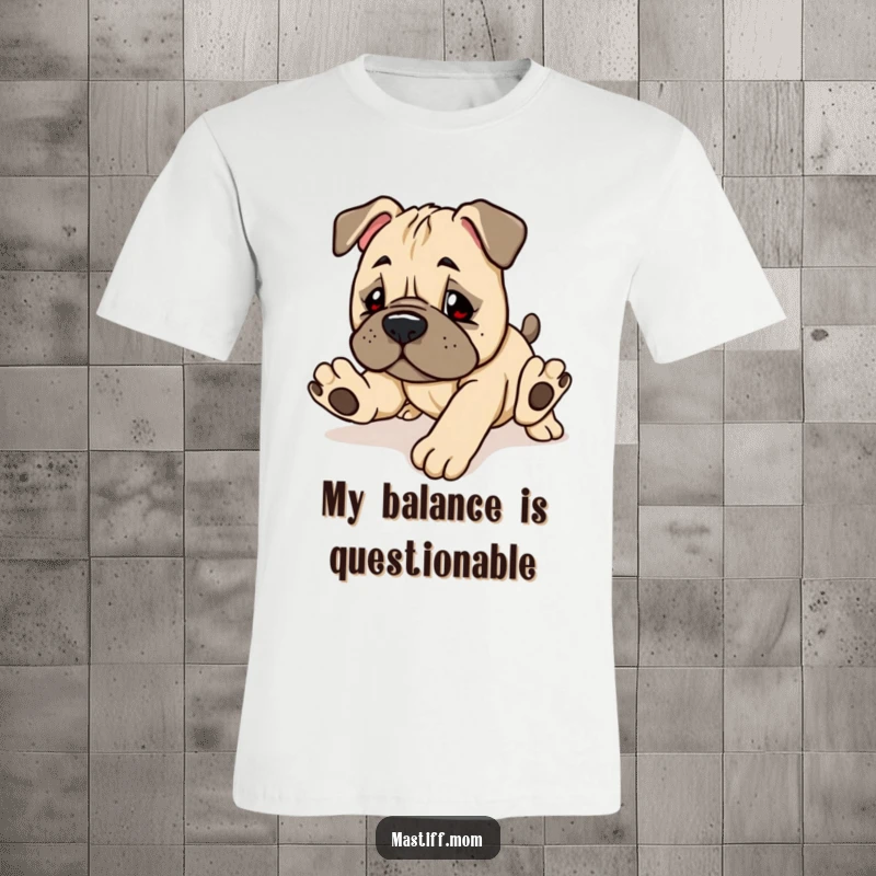 Funny Kawaii Mastiff Puppy T-Shirt showing a cute dog clumsily tripping over its paws, a humorous design.