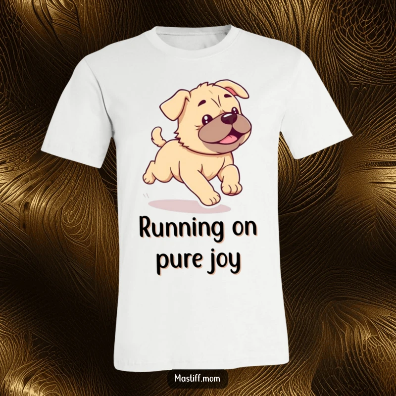 Funny Kawaii Mastiff Puppy T-Shirt showing a cute dog running with enthusiastic wiggles, a design full of joy.
