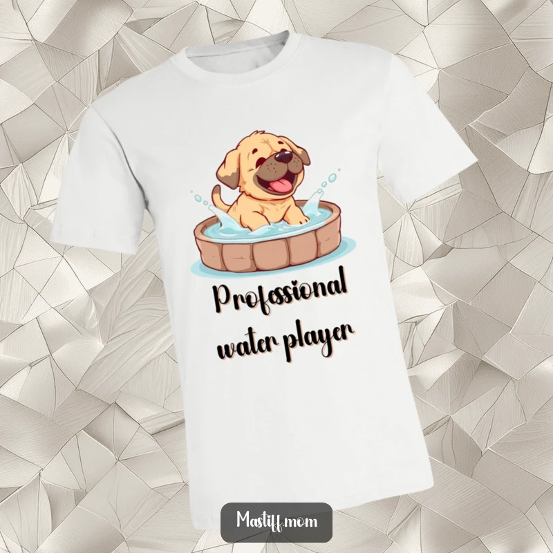 Funny Mastiff cub t-shirt depicting a happy puppy giggling uncontrollably while splashing water in a dog pool.