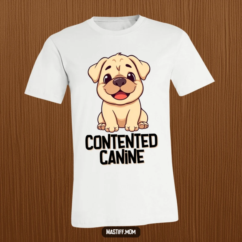 Funny stylized Mastiff t-shirt showing a smiling dog exhaling with a gentle, happy sigh.