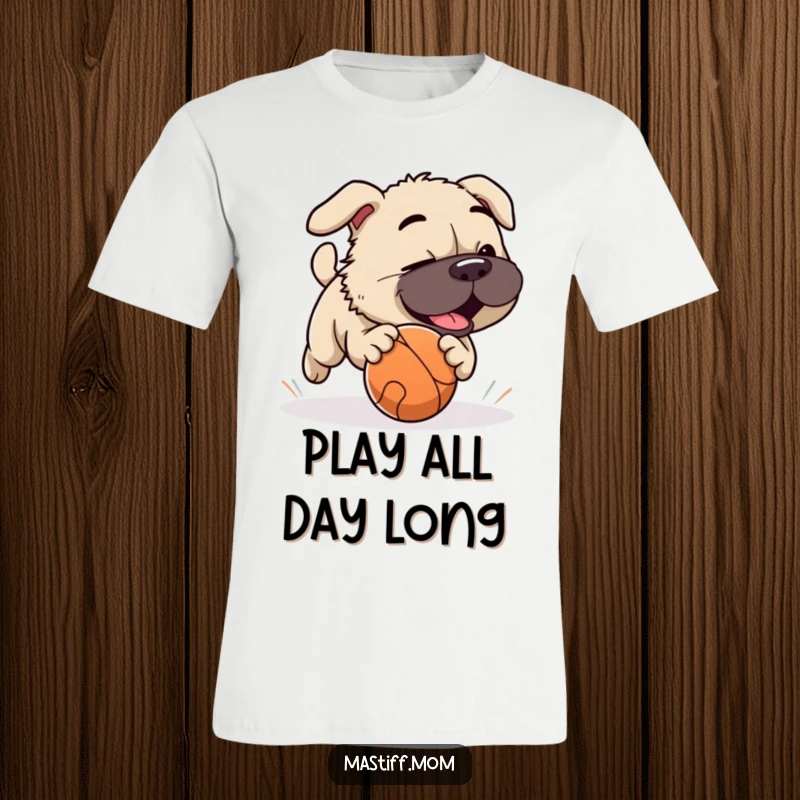 Funny Mastiff dog playfully chasing a rolling ball with enthusiasm, printed on a comfortable t-shirt.