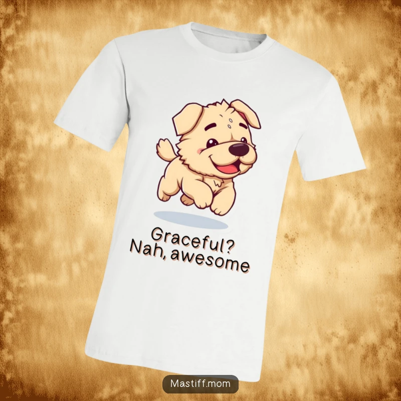 Funny Kawaii Mastiff t-shirt showcasing a clumsy dog joyfully bounding forward with infectious energy and a big, happy smile.