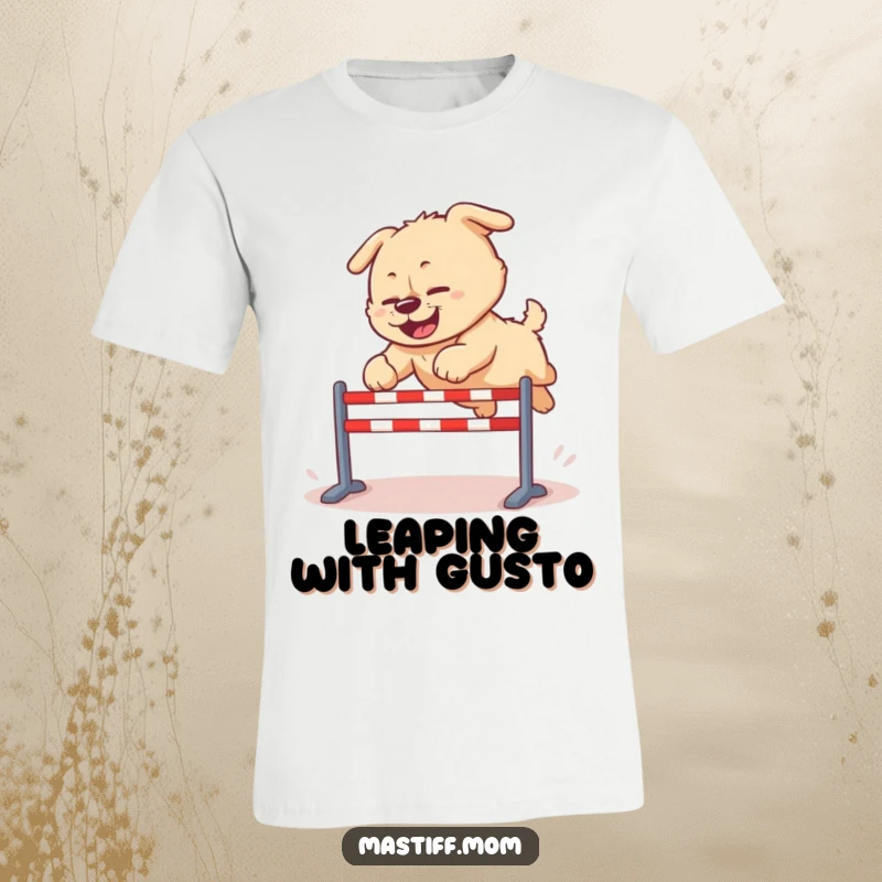 Funny Kawaii Mastiff t-shirt, depicting a dog in a clumsy yet joyous leap over a small obstacle, radiating fun and effort.