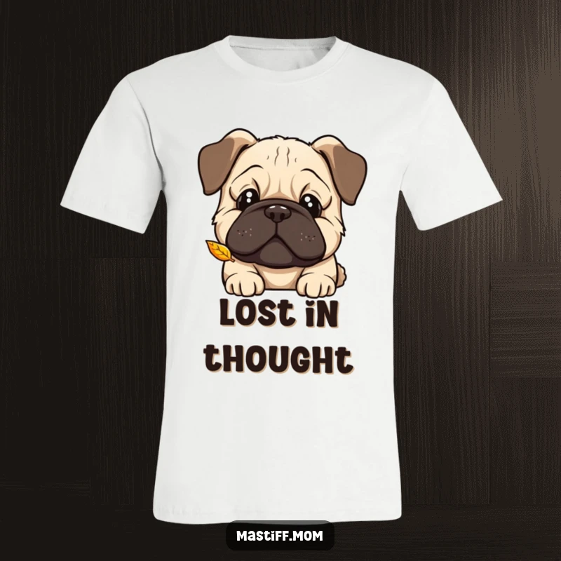 Funny Kawaii Mastiff t-shirt, curious head tilt, watching a falling leaf, capturing a moment of gentle observation and humor.