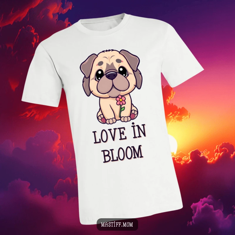 Funny Kawaii Mastiff puppy offering a tiny flower with a gentle gaze, printed on a soft tee, a sweet funny gift.