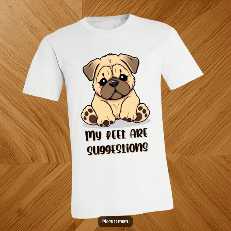 Funny Kawaii Mastiff puppy tripping over its giant paws, captured mid-fall with a comical expression, great funny gift.