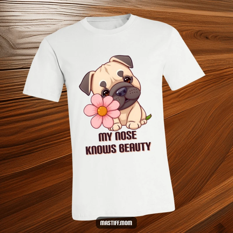 Funny kawaii Mastiff t-shirt sniffing a ridiculously large flower, capturing a moment of sweet, comical bewilderment for dog enthusiasts.