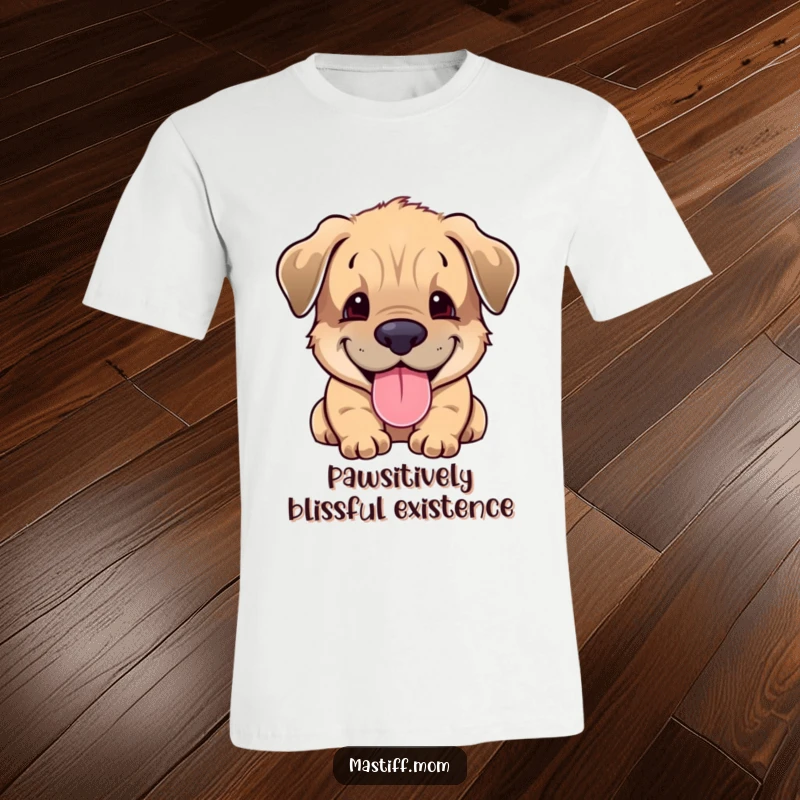 Funny Mastiff cub t-shirt featuring a smiling puppy with its tongue out, looking absolutely delighted and ready for fun.