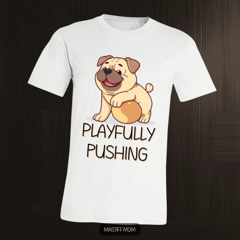 Funny happy Mastiff dog t-shirt, depicting a large Mastiff gently nudging a ball, conveying warmth and playfulness.