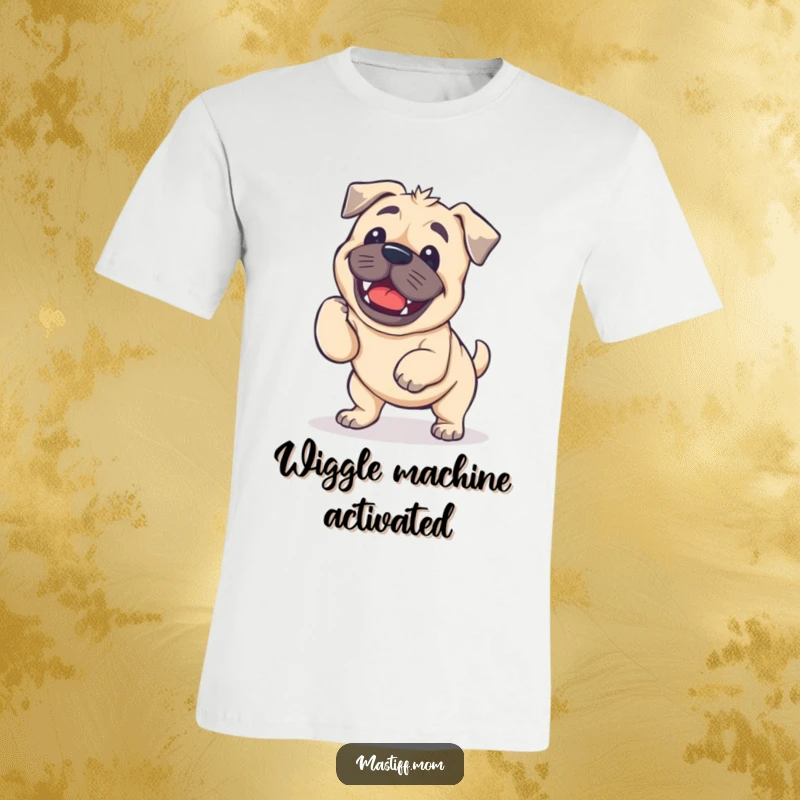 Funny Kawaii Mastiff T-Shirt depicting a lovable dog doing a hilariously enthusiastic and wobbly wiggle.
