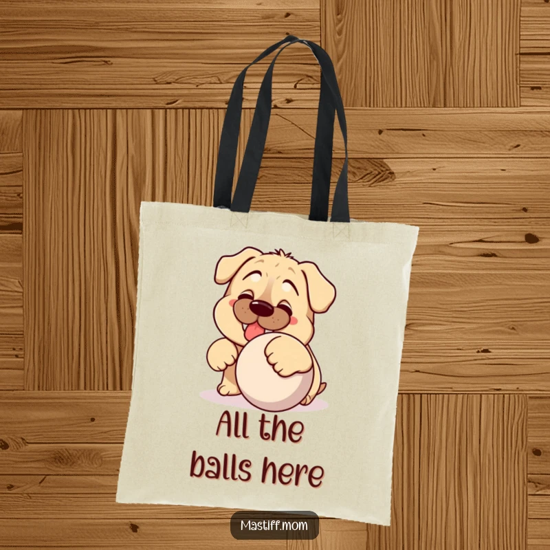 Funny Kawaii Mastiff tote bag, featuring a silly dog's grin and a big ball, great for groceries and daily use.