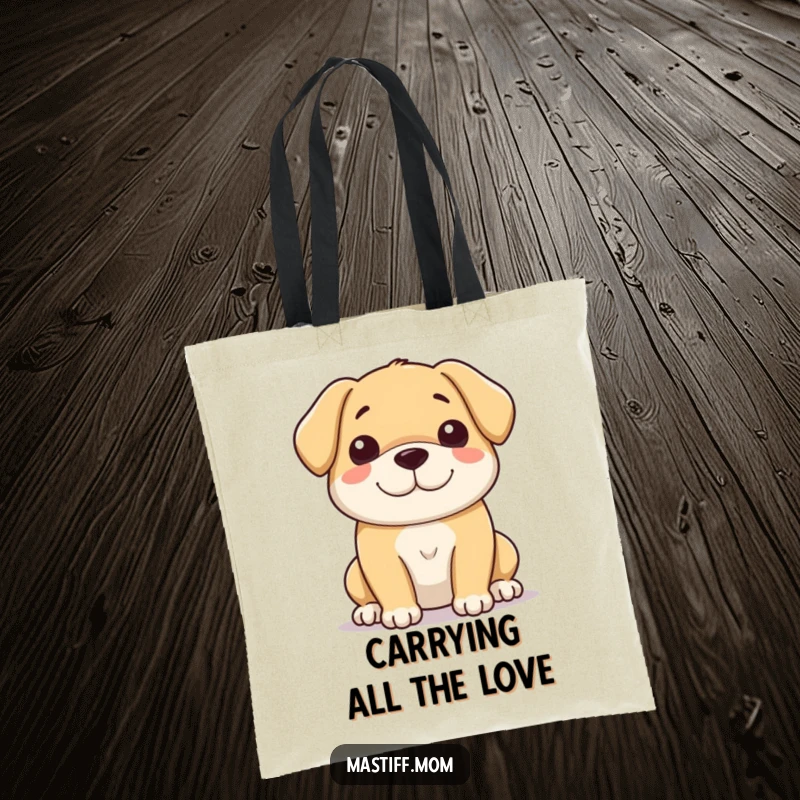 Funny tote bag adorned with a large, gentle dog's soft, sweet, and heartwarming smile, embodying kindness and love.