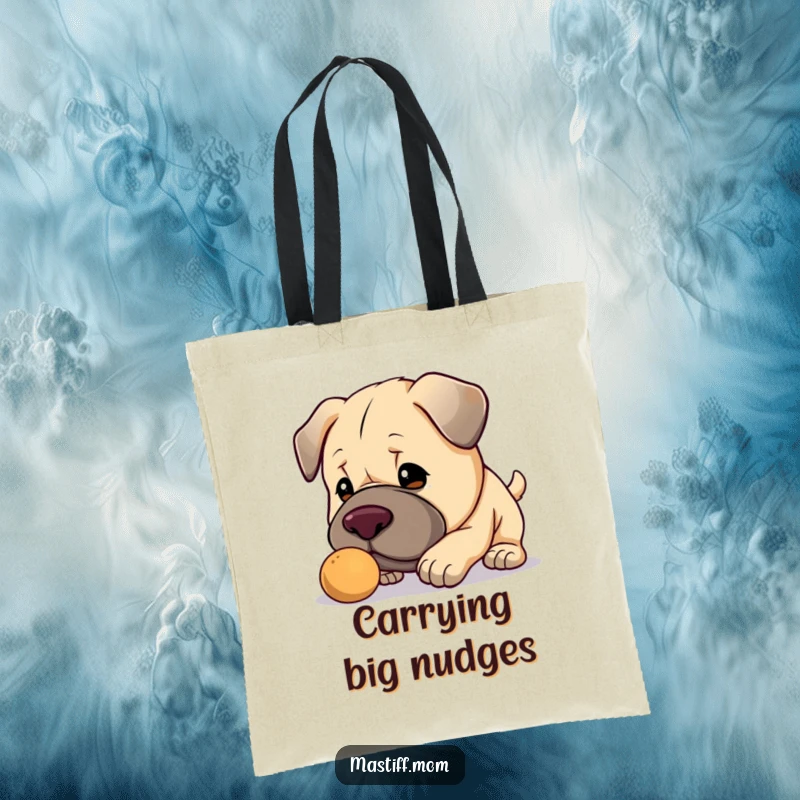 Funny Kawaii Mastiff tote bag, a practical bag with a cute big dog gently nudging a small object, perfect for daily use.