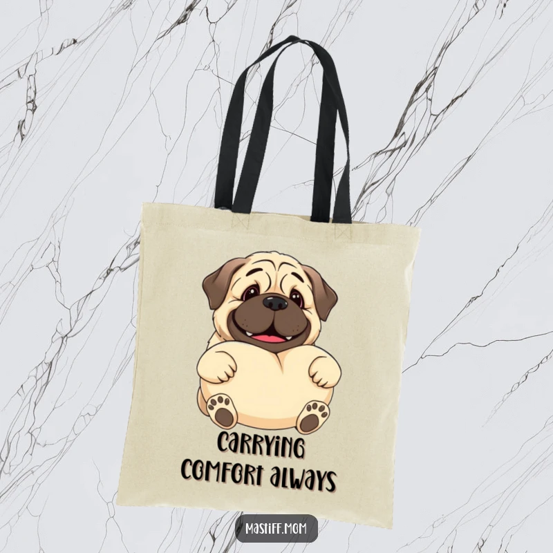 Funny Kawaii Mastiff tote bag showing a gentle giant dog smiling and offering a large, soft pillow, symbolizing carrying comfort.