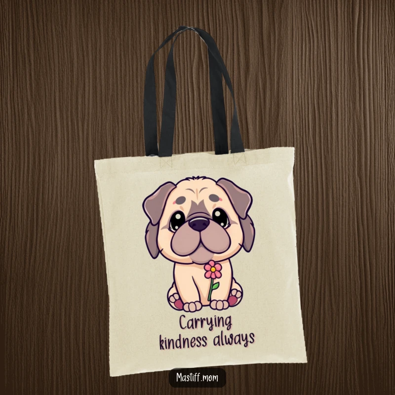 Funny Kawaii Mastiff puppy offering a small flower with a gentle gaze, on a durable tote bag, a charming funny gift.