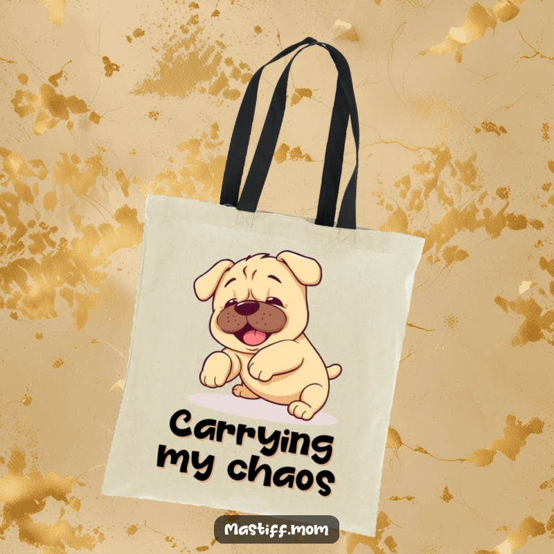 Funny Kawaii Mastiff Puppy Tote Bag print of a joyful puppy in the middle of a happy, clumsy tumble.