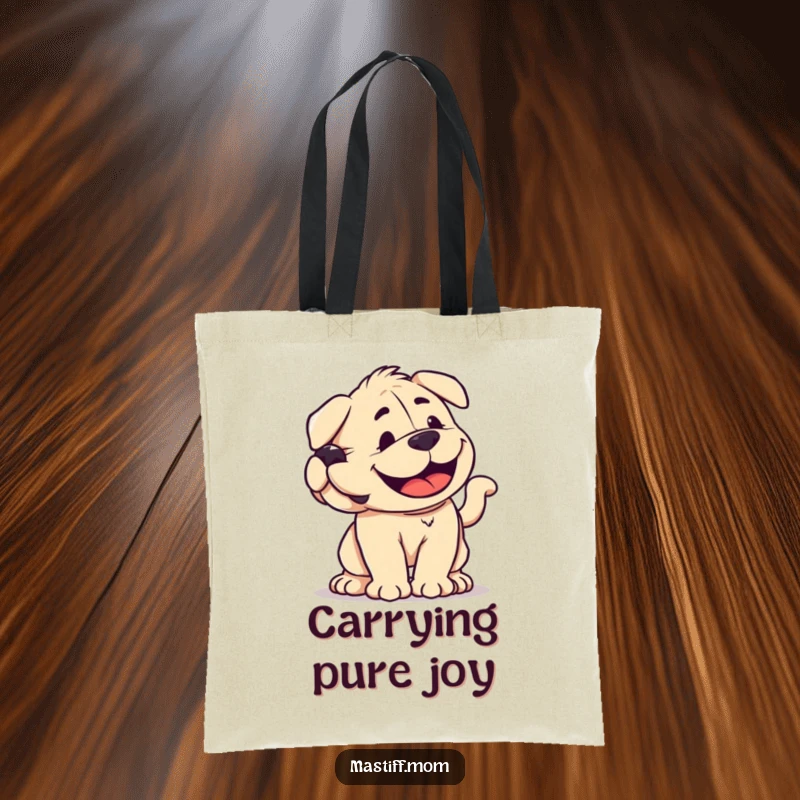 Funny kawaii Mastiff tote bag with a smiling dog wagging its tail with immense, joyful power, ideal for carrying essentials.