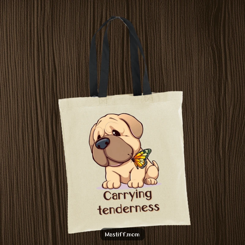 Funny Tote Bag with a giant, gentle Mastiff happily nuzzling a tiny, fluttering butterfly, perfect for carrying essentials with kindness.