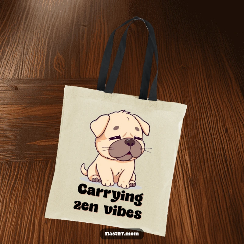 Funny Kawaii Mastiff Tote Bag: A cute, chubby dog with eyes closed, enjoying a peaceful breeze, perfect for carrying items serenely.