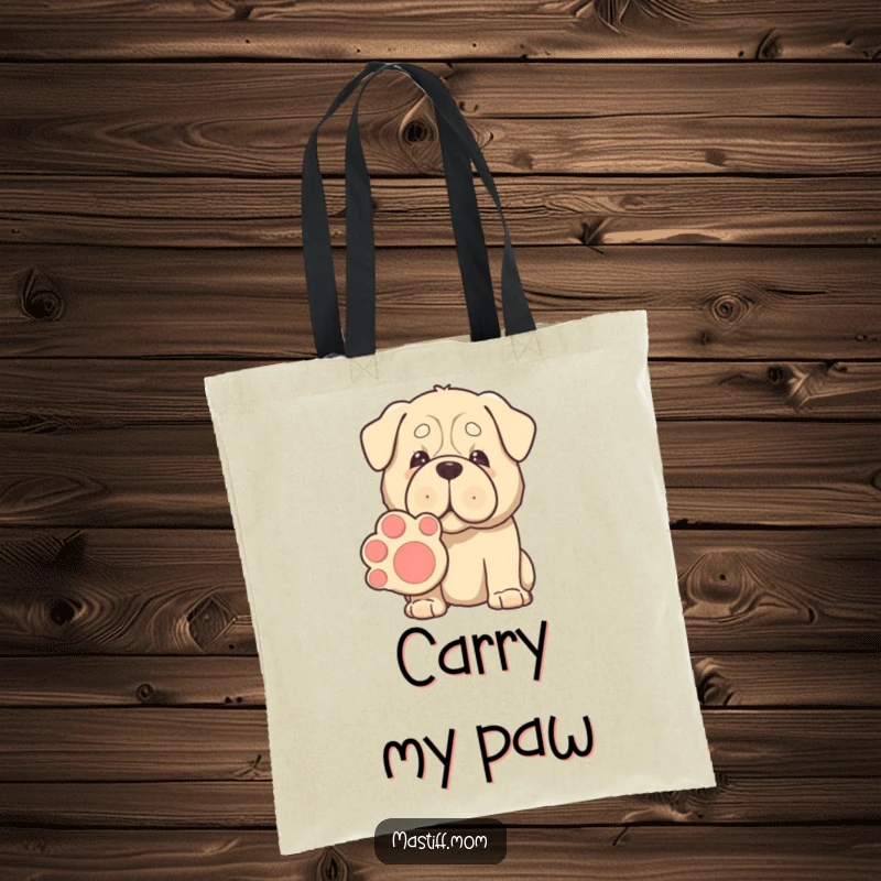 Funny Kawaii Mastiff tote bag, gentle eyes, offering a giant paw for shaking, perfect for carrying items with a friendly vibe.