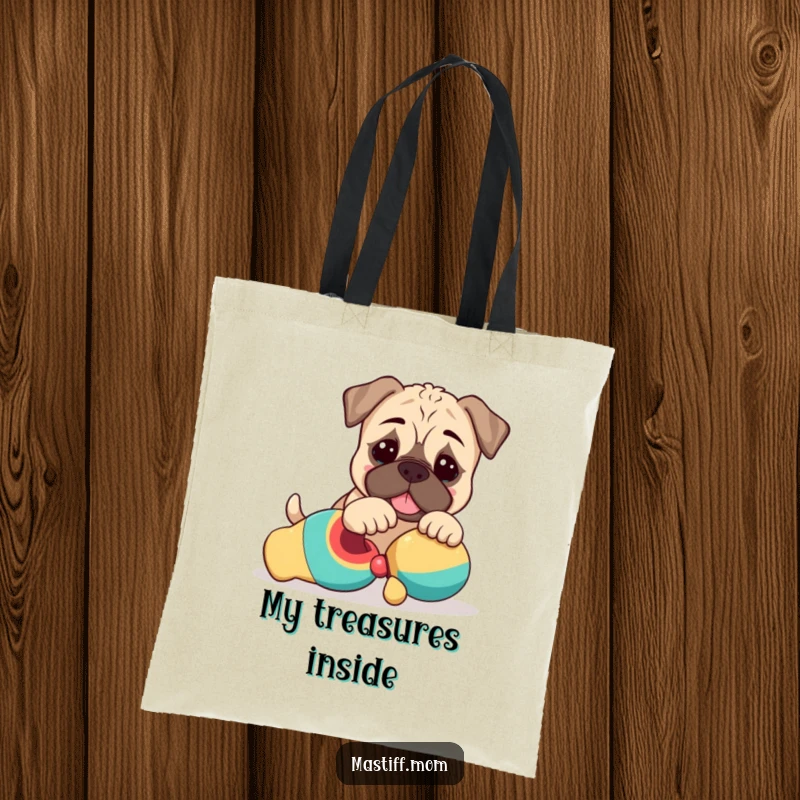 Funny Kawaii Mastiff Puppy Tote Bag showing a cute dog playfully nudging a toy, perfect for carrying items with charm.