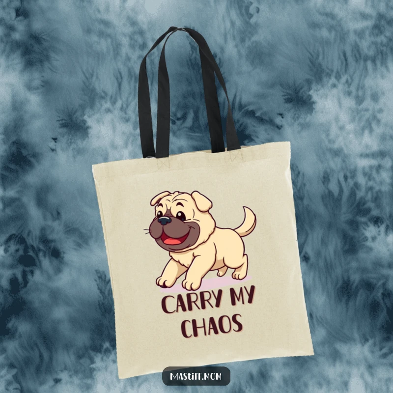 Funny Kawaii Mastiff tote bag depicting a clumsy joyful dog stumbling with a wagging tail, great for carrying everyday items.