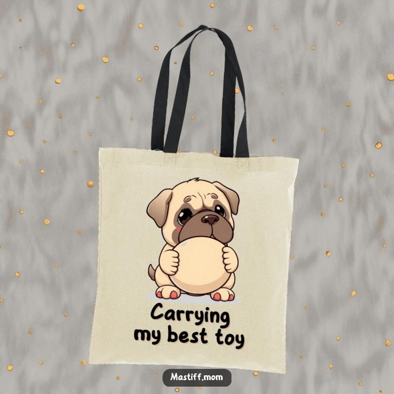 Funny Kawaii Mastiff tote bag, featuring a gentle dog holding a giant squeaky toy, symbolizing playful generosity and love.
