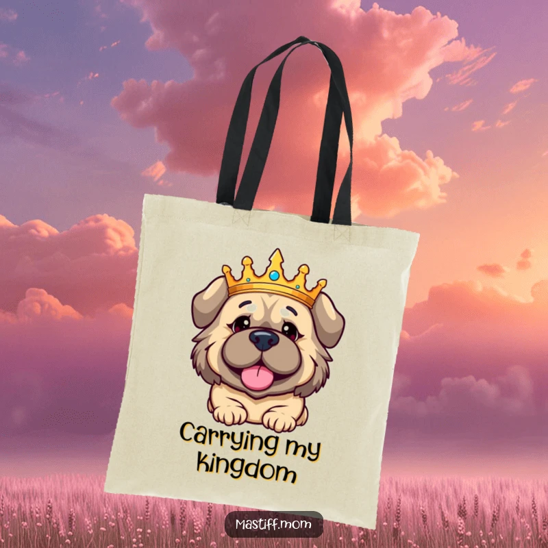 Funny Kawaii Mastiff tote bag, depicting a crowned dog with a regally amused expression, symbolizing playful leadership and style.