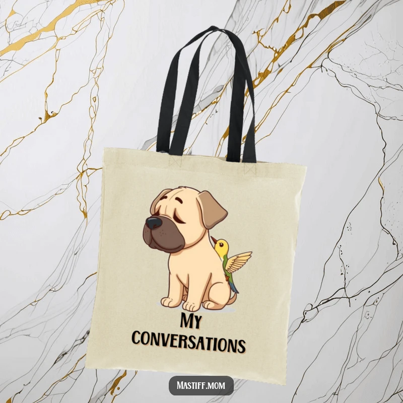 Funny Mastiff Bird Listener Tote Bag: A dog’s head tilted in concentration while listening to a bird. Practical and funny.