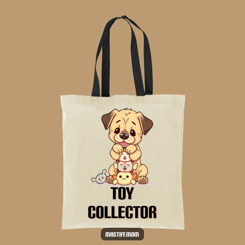 This spacious tote bag features a clever Mastiff pup balancing a stack of squeaky toys. Perfect for carrying essentials with a touch of humor.