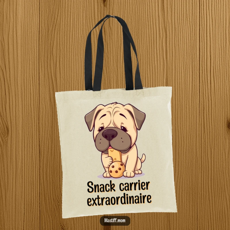 Funny Kawaii Mastiff Tote Bag: A plump, cute mastiff focused intensely on balancing a treat on its snout, perfect for carrying items.