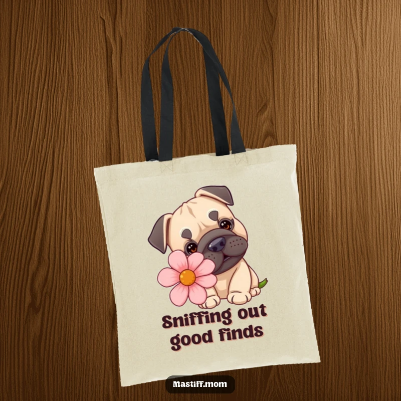 Funny kawaii Mastiff tote bag showcasing a dog curiously sniffing a comically large flower, ideal for stylish and humorous everyday use.